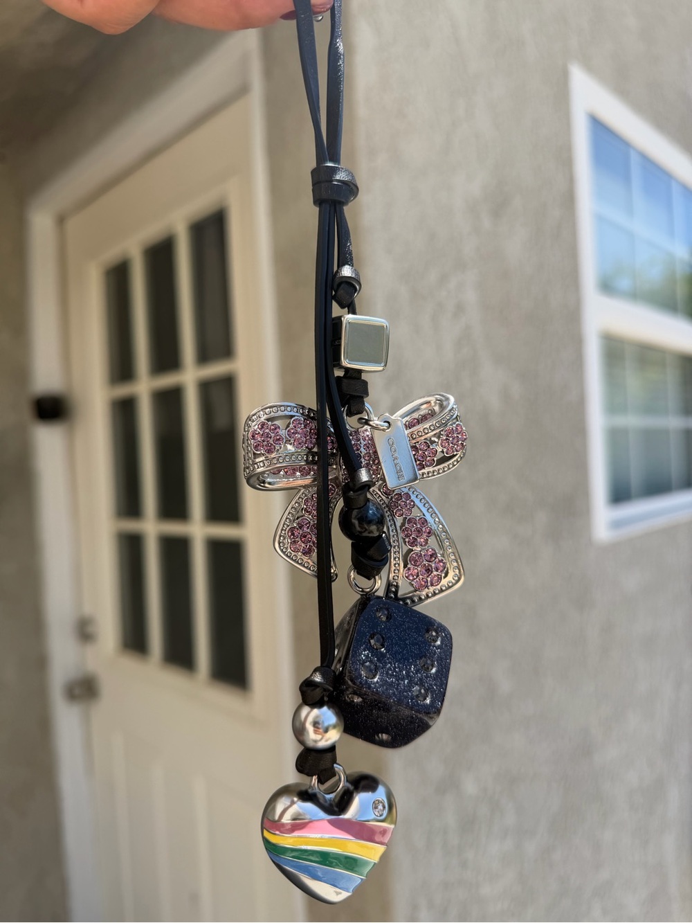 Coach Black Leather Strap Bag Charm with Pink Crystal Bow & Multicolor Heart